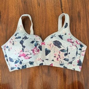 Cacique 44DDD Lightly Lined No Wire Bra Floral Print Gray Pink Cotton Blend